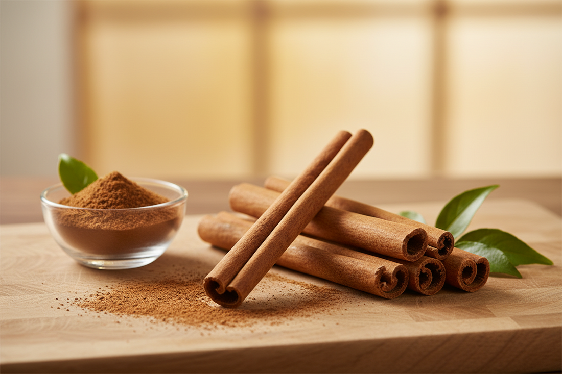 True Ceylon cinnamon capsules with cinnamon sticks illustrating natural blood sugar support and metabolic wellness