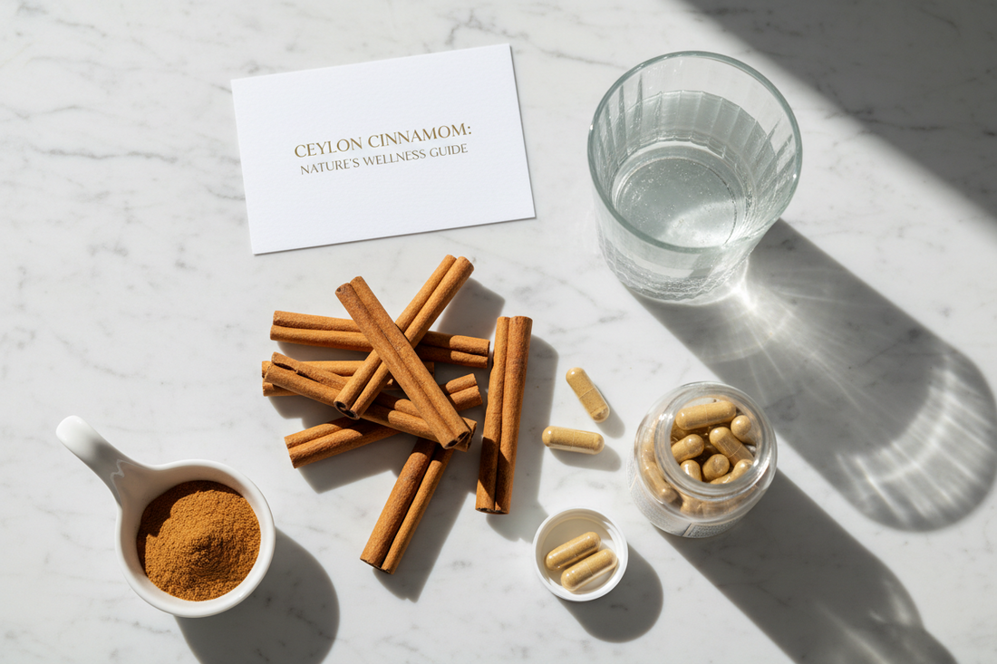 Premium Ceylon cinnamon capsules with cinnamon sticks highlighting quality ingredients, low coumarin, and transparent supplement labeling